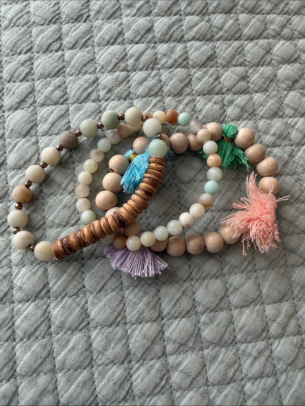Boutique Set of 3 Beaded Bracelets with Tassel Accent - Neutral & Pastel